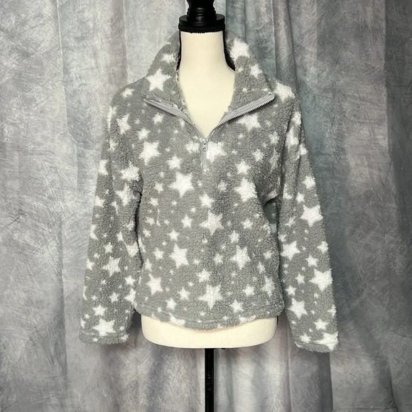 Love + Joy Gray and White Star 1/2 Zip Long Sleeved Cropped Fleece - size Medium - Picture 6 of 12